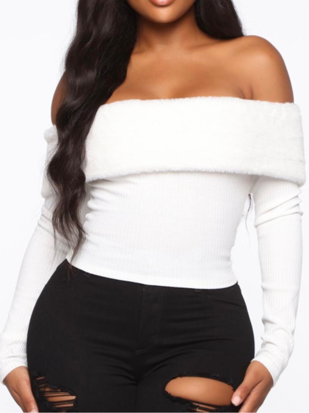Cage | Women’s Ivory Ribbed Off-the-Shoulder Faux Fur Trim Cropped Long Sleeve